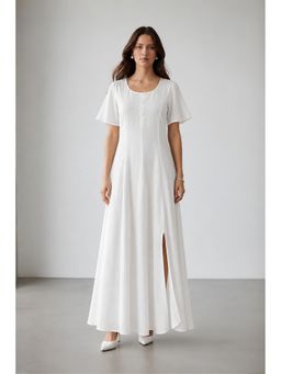 Virgio - White Solid Viscose Dress with Side Slit