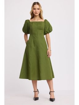 Virgio - Green Solid Cotton Off Shoulder Dress