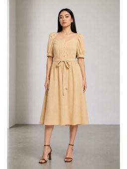 Virgio - Beige Solid Cotton Pintuck Bodice Dress