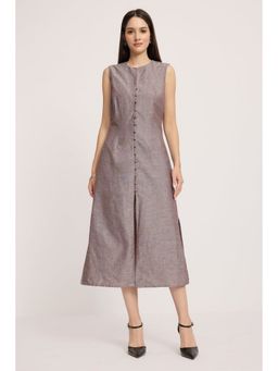 Virgio - Grey Solid Linen Button Front Detail Dress
