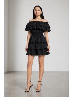 Virgio - Black Solid Cotton Off-Shoulder Ruffle Dress