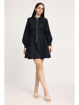 Virgio - Black Solid Cotton Pleated Bubble Hem Mini Dress