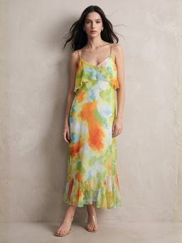 Outzidr - Multi Color Ruffle Detail Spaghetti Strap Dress