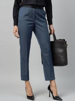Hancock - Women Blue Textured Mid-Rise Stretchable Wrinkle Trousers
