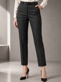 Hancock - Women Dark Grey Checked High-Rise Stretchable Formal Trousers