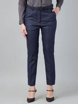 Hancock - Women Navy Blue Checked High-Rise Stretchable Formal Trousers