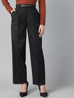 Hancock - Women Black Pleated High-Rise Stretchable Formal Trousers