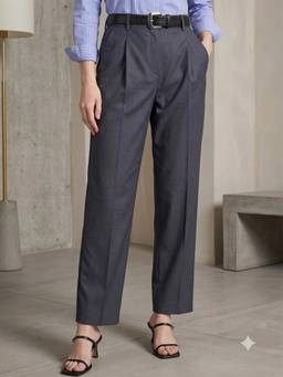 Hancock - Women Denim Grey Solid Pleated High-Rise Stretchable Formal Trousers