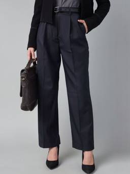 Hancock - Women Navy Blue Pleated High-Rise Stretchable Formal Trousers