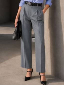 Hancock - Women Oxford Grey Solid Pleated High-Rise Stretchable Formal Trousers