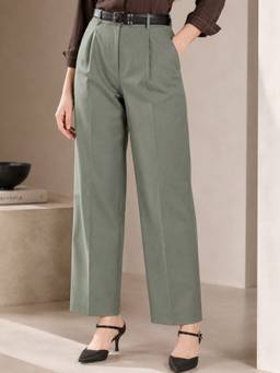 Hancock - Women Olive Solid Pleated High-Rise Stretchable Formal Trousers