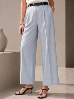 Hancock - Women Steel Grey Solid Pleated High-Rise Stretchable Formal Trousers