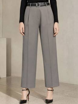 Hancock - Women Slate Grey Solid Pleated High-Rise Stretchable Formal Trousers