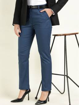 Hancock - Women Blue Solid Cotton Stretch Formal Trousers