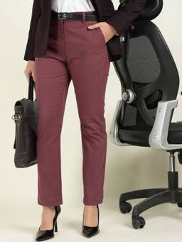 Hancock - Women Maroon Solid Cotton Stretch Formal Trousers