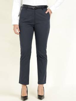 Hancock - Women Navy Blue Solid Cotton Stretch Formal Trousers