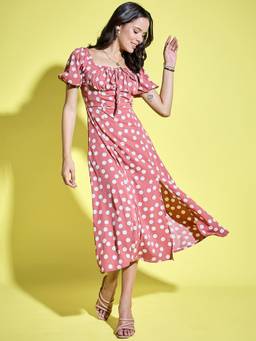 ANVI Be Yourself - Polka Dot Print Square Neck Crepe A-Line Midi Dress With Slit
