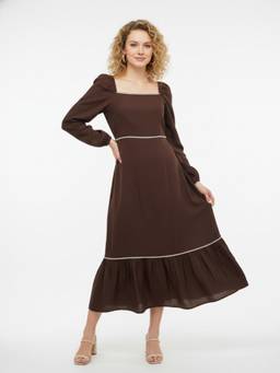ANVI Be Yourself - Solid Brown Rayon Square Neck Puff Sleeve Fit And Flare Midi Dress