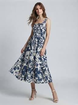 ANVI Be Yourself - Women Floral Print Blue Square Neck Sleeveless Smocked A-Line Midi Dress