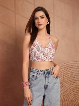 COTLAND FASHION - Cotton Pink Embroidered Halter Crop Top