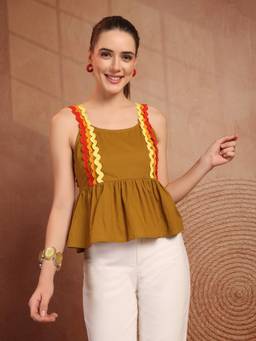 COTLAND FASHION - Cotton Mustard Trimmed Peplum Top
