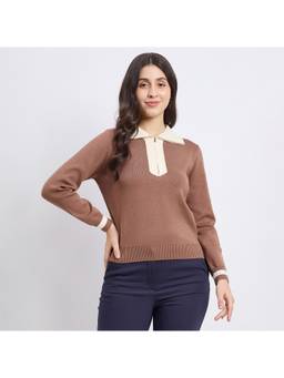 Madame - Brown Contrast Trim Knit Top
