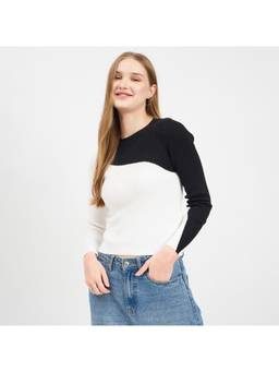 Madame - Designer Colorblock Details Black Knit Top