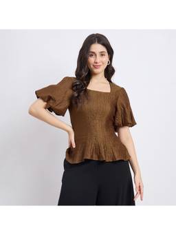 Madame - Textured Olive Puff Sleeve Top