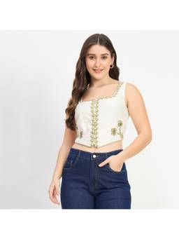 Madame - Embroidered Off White Viscose Crop Top