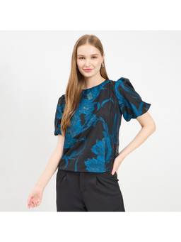 Madame - Textured Blue Puff Sleeve Top
