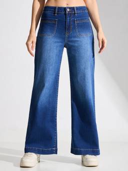 TARAMA - Blue High Rise Jeans with Front Patch Pockets