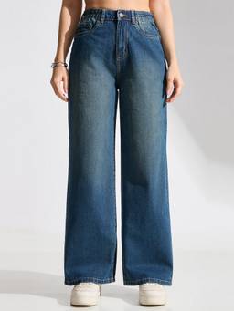 TARAMA - Blue High Rise Vintage Wash Wide Leg Jeans