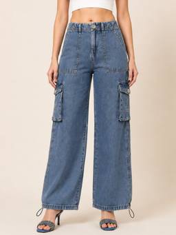 TARAMA - Women High-Rise Adjustable Waist Wide Leg Cargo Jeans