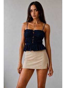 PANIT - Navy Blue Ruched Tie-Front Spaghetti Strap Crop Top