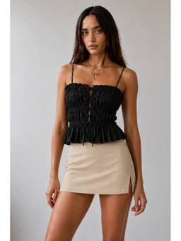 PANIT - Black Ruched Tie-Front Spaghetti Strap Top