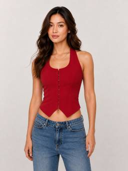 PANIT - Sleeveless U-Neck Red Top With Front Hook Closure