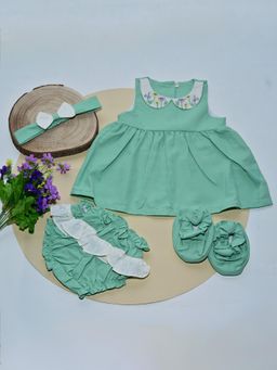 ARTH LIFE - Mint Green Bloom Dress with Bloomer- Headband and Booties