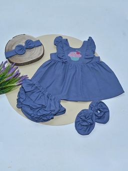 ARTH LIFE - Navy Blue Embroidered Dress with Bloomer- Headband and Booties