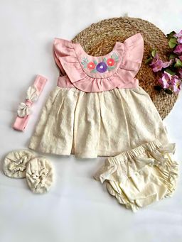 ARTH LIFE - Stitch Bloom Pink Dress with Bloomer- Headband and Booties