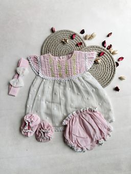 ARTH LIFE - Lace Dreams Pink Dress with Bloomer- Headband and Booties