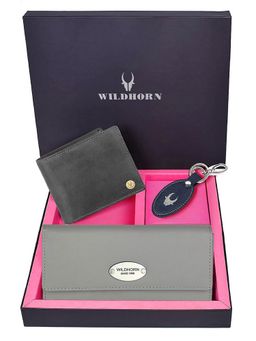 WILDHORN - Premium Leather Ladies Wallet, Mens Wallet and Keychain Gift -1K_GR_2052GRH_K (Set of 3)
