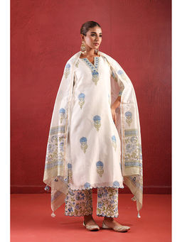 Jaipuri Banno - White Chanderi Floral Printed Kurta with Pant and Dupatta (Set of 3)