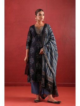 Jaipuri Banno - Black Chanderi Handblock Printed Kurta with Pant and Dupatta (Set of 3)