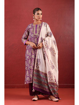 Jaipuri Banno - Purple Chanderi Paisley Printed Kurta with Pant and Dupatta (Set of 3)