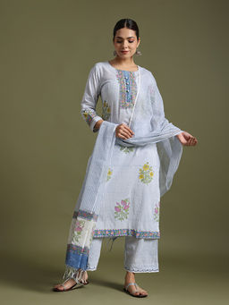 Jaipuri Banno - White and Blue Boota Print Kurta with Pant and Dupatta (Set of 3)
