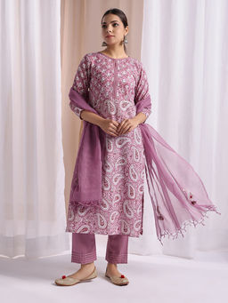 Jaipuri Banno - Purple Paisley Printed Kurta with Pant and Dupatta (Set of 3)