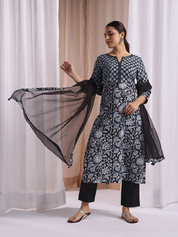 Jaipuri Banno - Black Hand Block Printed Kurta with Pant and Dupptaa (Set of 3)