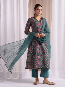 Jaipuri Banno - Dark Green Hand Block Printed Kurta with Pant and Dupatta (Set of 3)