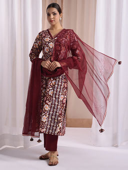 Jaipuri Banno - Maroon Hand Block Printed Kurta with Pant and Dupatta (Set of 3)