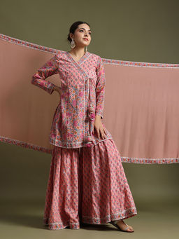 Jaipuri Banno - Pink Floral Printed Kurti with Sharara and Dupatta (Set of 3)